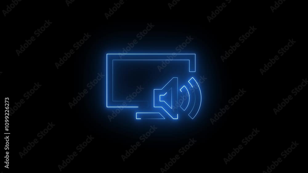 Poster glowing neon line computer with music note symbol on screen icon isolated on black background.microp
