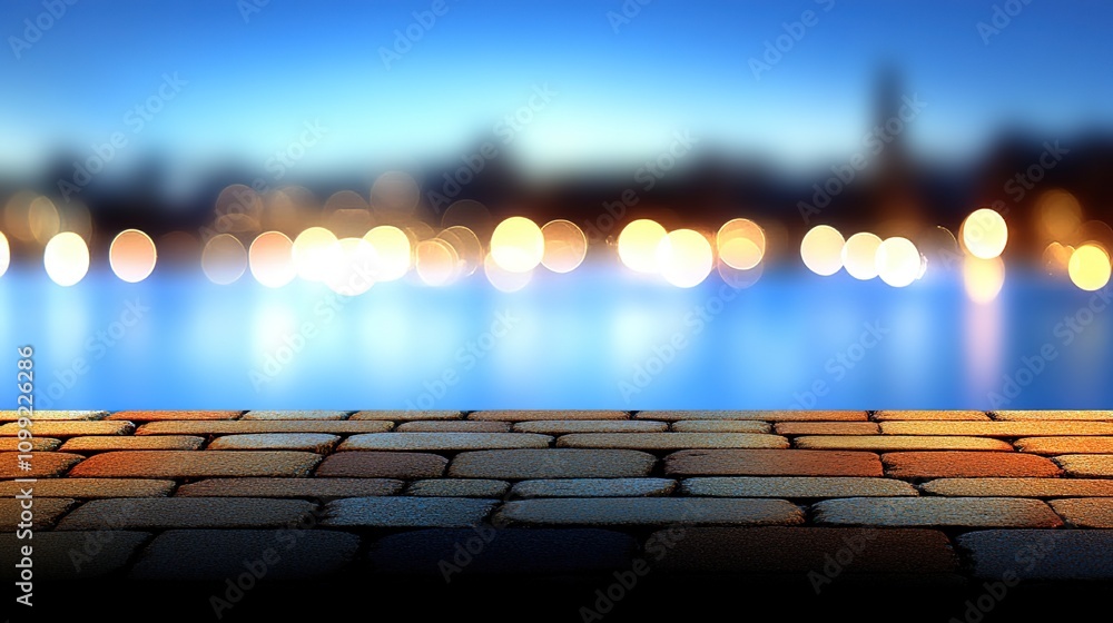 Poster serene waterfront view with blurred lights, smooth cobblestone surface in the foreground, and harmon