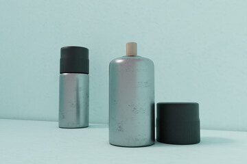 Silver double spray paint metal cans isolated on green gradation front angle for mockup design V3