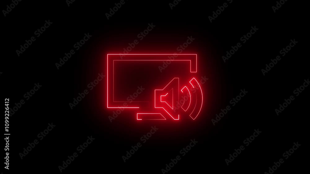 Poster glowing neon line computer with music note symbol on screen icon isolated on black background.microp