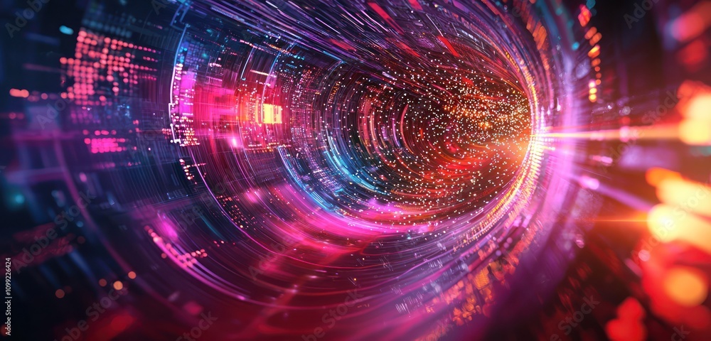 Poster abstract representation of ultra-fast quantum computing processing data.