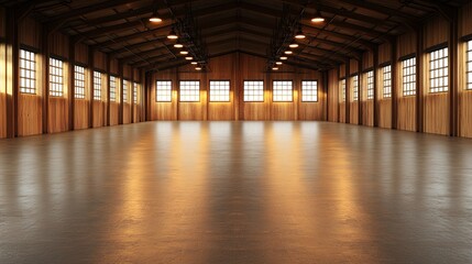 Fototapeta premium Spacious and Bright Empty Industrial Hall with Wooden Walls and Large Windows, Perfect for Events, Workshops, or Creative Spaces, Showcasing Modern Architecture