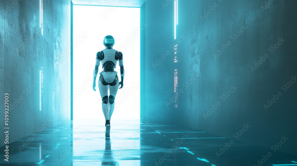 Poster a robot woman walks through a futuristic door. this shows how ai is learning and developing. it's ab