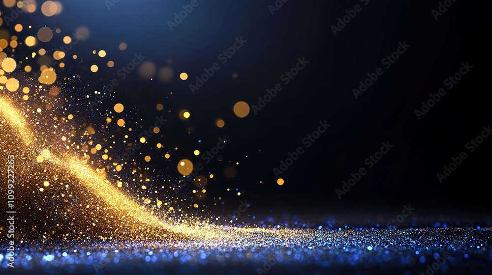 Poster glowing particles create a sparkling effect on dark background with a wave of gold dust and blue gli