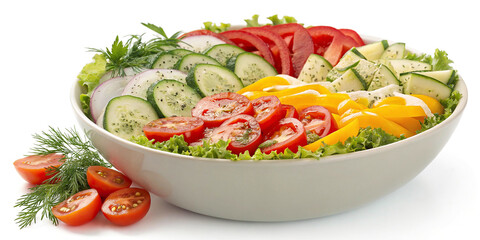 A vibrant vegetable salad is beautifully arranged in a bowl, showcasing a variety of fresh, colorful vegetables.