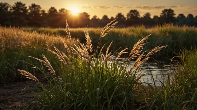 Animation of Winter&rsquo;s Chill on Reed Grass Fields. Frosty reed grass under the winter cold in a tranquil setting. Realistic motion.