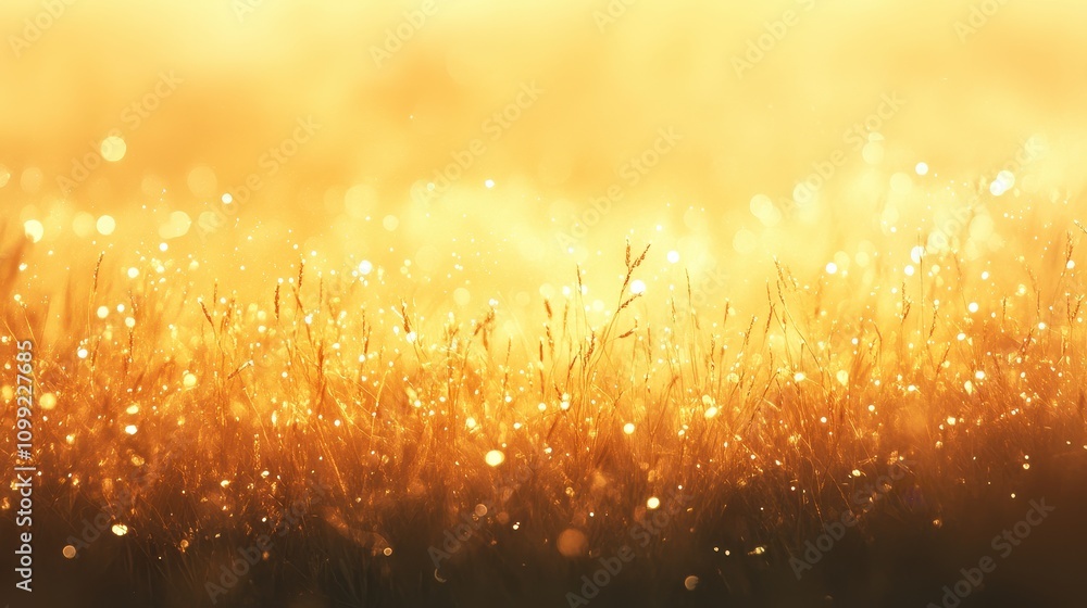 Poster a serene field of golden grass illuminated by soft light, creating a tranquil atmosphere.