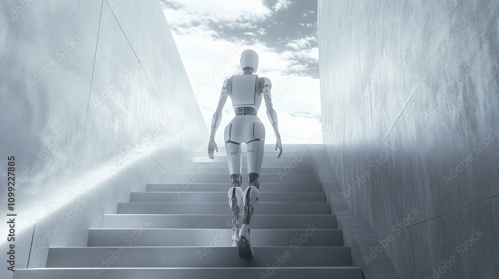 Poster a robot woman walks up futuristic stairs in a digital world. this shows how ai and robots are develo