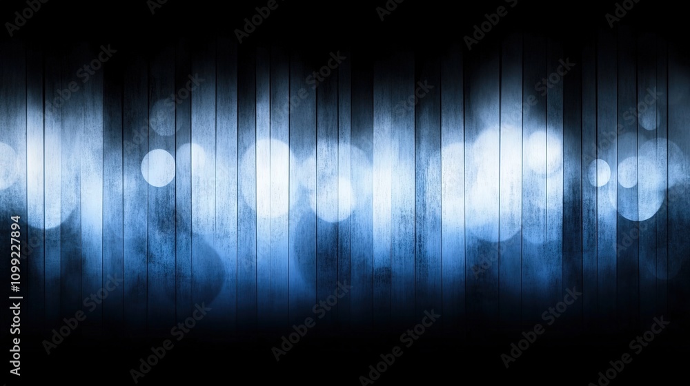 Poster abstract blue background with blurred lights and wooden texture, creating a serene and calming atmos