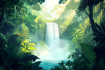 Obraz premium Lush Tropical Rainforest Scene with Waterfall and Dense Greenery