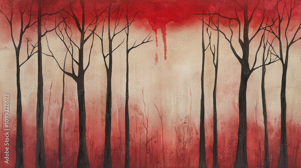 Poster dark silhouettes of trees against a red gradient background with artistic texture