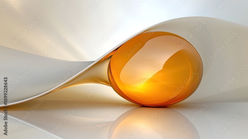 Poster smooth flowing curves with a glimmering orange sphere on a reflective surface capturing soft light a