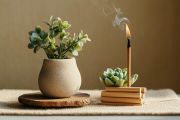 A still life featuring a wooden yoga block, a hand-painted ceramic bowl, and a jade crystal,...