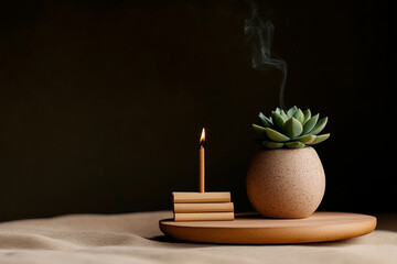 A still lifes with wooden yoga blocks, hand-painted ceramic bowls, jade crystals and incense sticks.