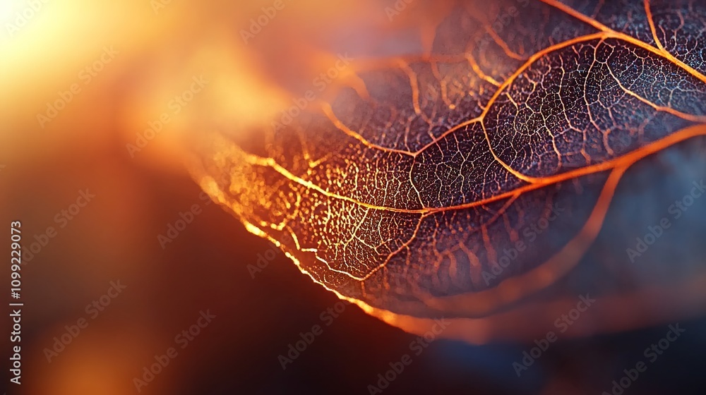 Poster close-up of a textured leaf with intricate veins illuminated by warm light, creating a beautiful and