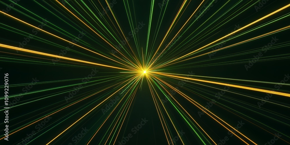 Wall mural dynamic abstract background with radiating green and gold lines converging at a bright center.