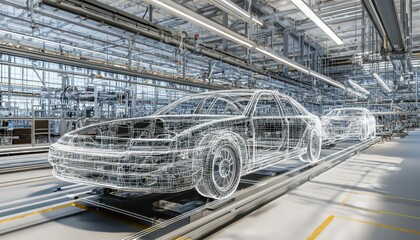 Fototapeta premium Wireframe model of a car on a factory line, digitally showcasing detailed interior and exterior.