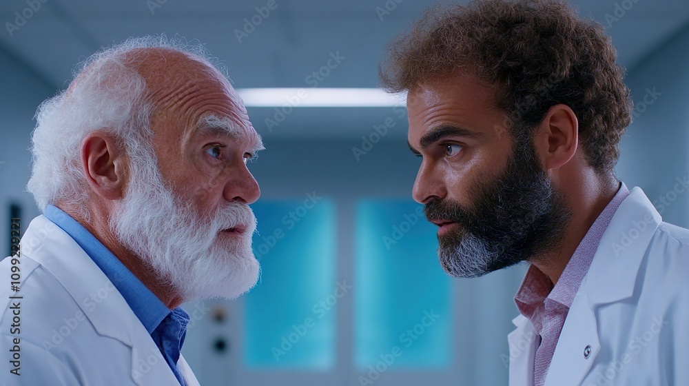 Aufkleber serious confrontation between two scientists with contrasting appearances in a modern laboratory, sh