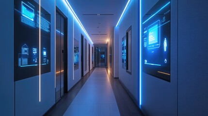 A futuristic smart home hallway equipped with AI-powered lighting that activates based on motion sensors and adjusts brightness to the time of day.