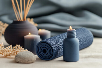 Still life with wooden yoga blocks, hand-painted ceramic bowls, jade crystals and beautiful flowers.