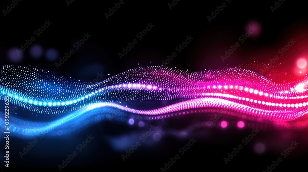 Poster dynamic abstract wave design with neon lights in blue and pink on a dark background for modern digit