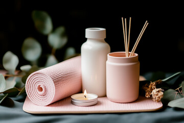 Still life with wooden yoga blocks, hand-painted ceramic bowls, jade crystals and beautiful flowers.