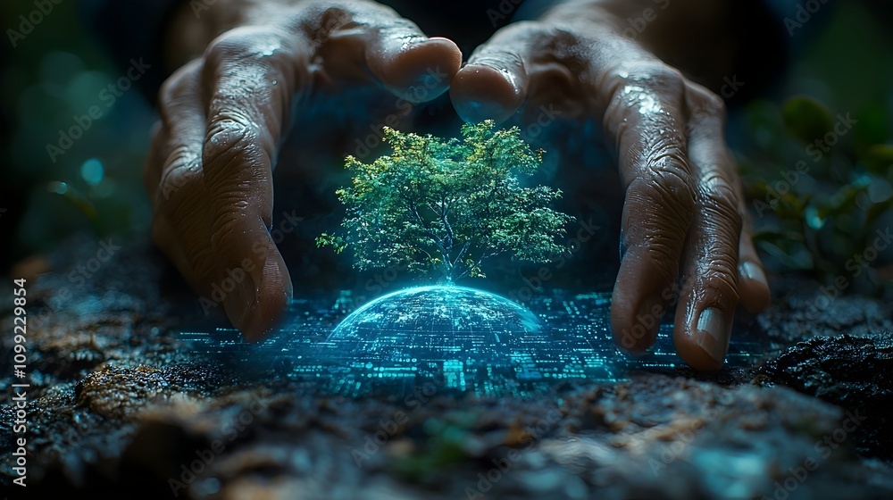Poster a scientist closely examining a futuristic holographic 3d display showing a model of the earth with 
