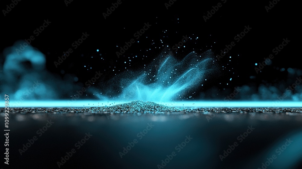 Poster abstract blue particles and light waves create ethereal effect on dark surface in digital artwork re