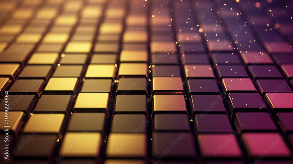 Poster abstract background with shiny square tiles and glittering particles in warm colors
