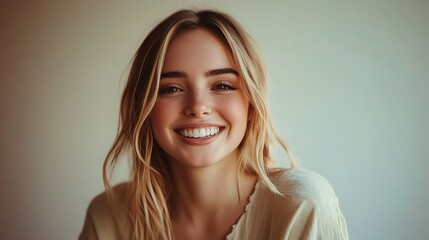 Naklejka premium Beautiful Young Woman with Radiant Smile in Isolated Portrait