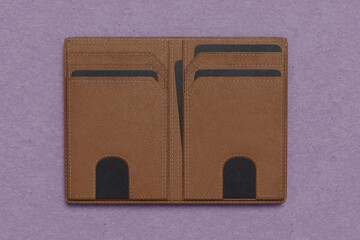 Blank leather wallet brown fold mock up, isolated, 3d rendering. Empty fabric clutch mock up front view V5