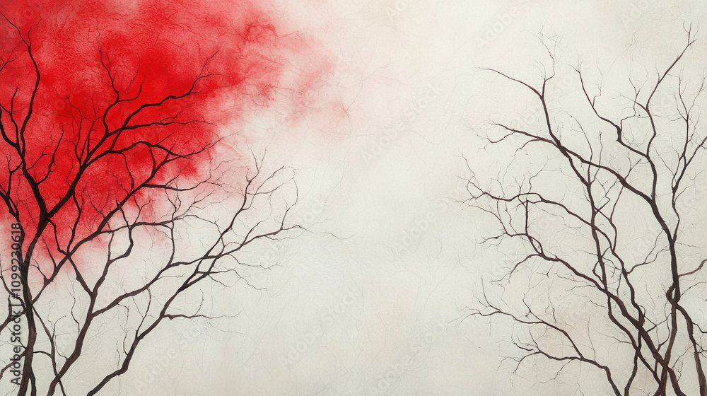 Poster abstract art with red and black tree branches on a soft textured background