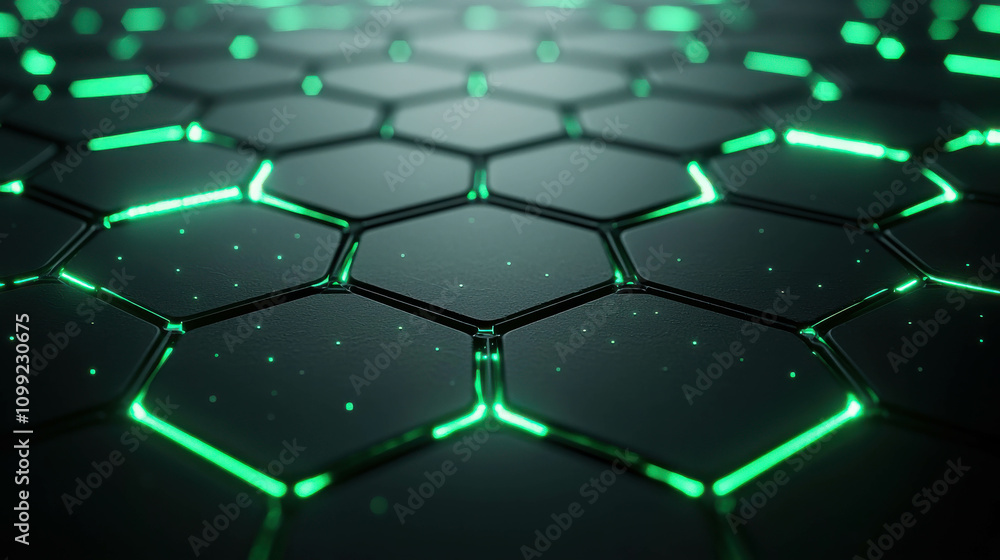 Poster futuristic hexagonal pattern with neon green lines and glossy dark surface