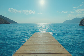 Obraz premium serene wooden pontoon extends into bright blue sea under sunny sky