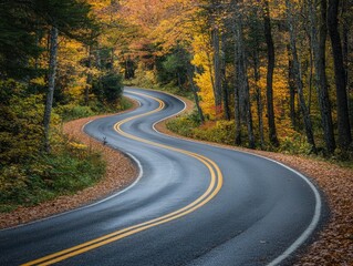Naklejka premium A winding road curves through the forest land. 