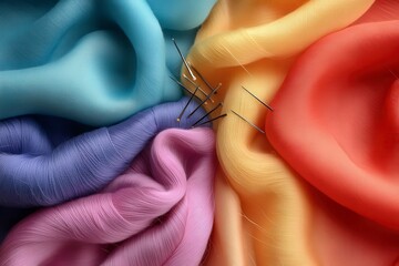 Colorful Silk and Thread Composition with Needles Arranged Over Vibrant Fabric Textures for Creative Sewing and Crafting Projects