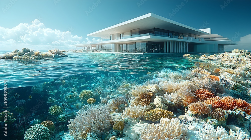 Poster holographic interface displaying real time data on rising ocean temperatures and coral bleaching wit