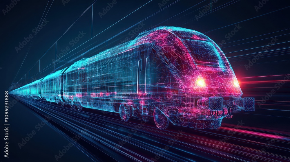 Poster abstract light and wireframe spheres visualize a high-speed train.