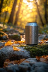 Obraz premium Dewy Can Against Rocks and Autumn Foliage