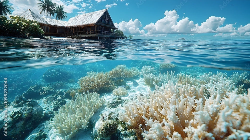 Poster futuristic holographic interface displaying data on rising ocean temperatures and coral bleaching wi
