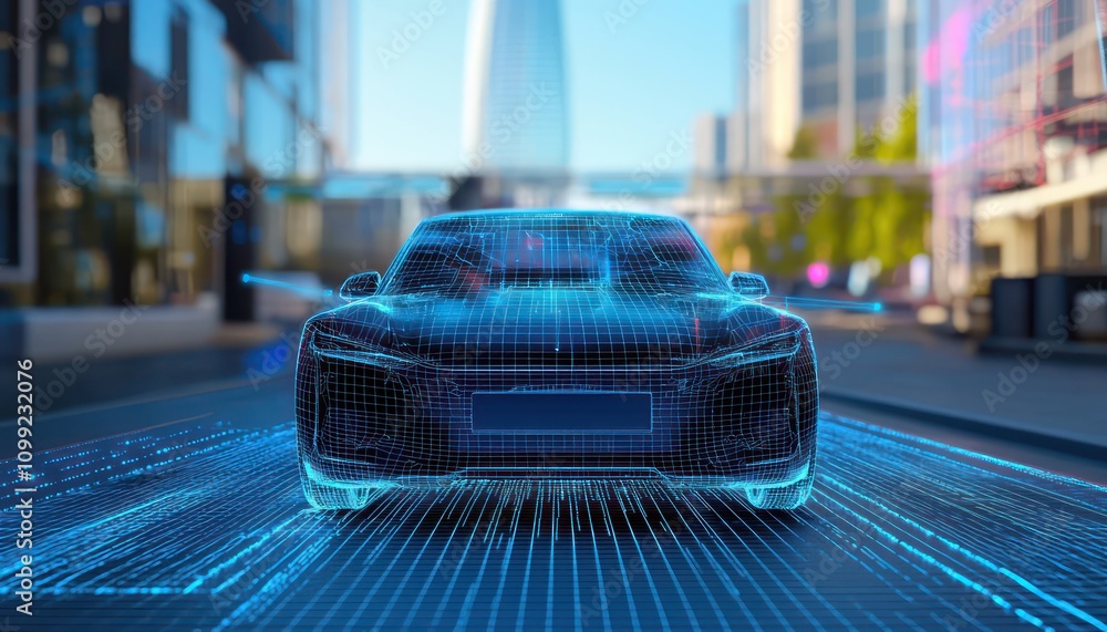 Poster front view of a sedan in augmented reality with blue wireframe tech.