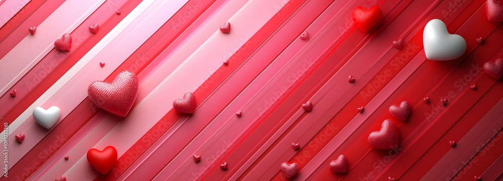 Aufkleber a vibrant red and pink diagonal striped background with a scattering of small hearts, leaving an ope