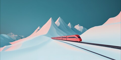 Red high-speed train traversing a snow-covered mountain range under a serene sky.