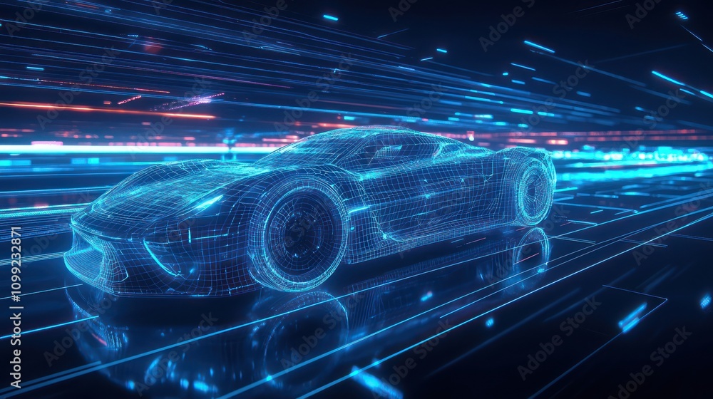 Poster dynamic blue wireframe car moving fast through a virtual terrain with light effects.
