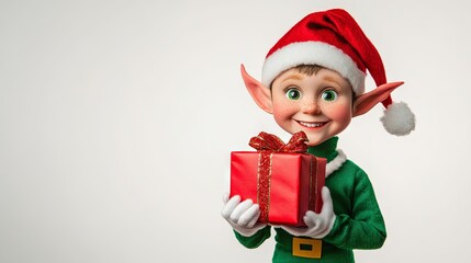 Christmas elf holding a gift in a isolation background