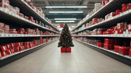 Obraz premium Christmas sale aisle in a department store, exclusive deals on holidaythemed items