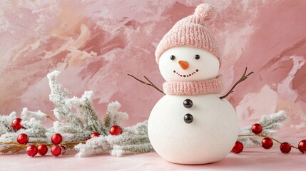 Obraz premium Christmas snowman on pink background. cute snowman in christmas snowy nature