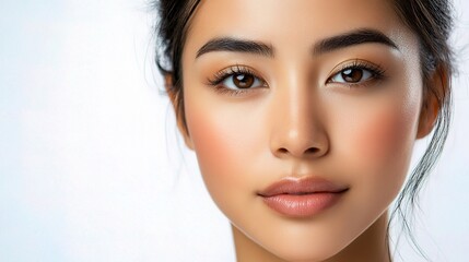 Naklejka premium Close-Up of a Beautiful Asian Woman with Flawless Skin and Radiant Smile