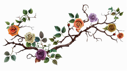 Intricate branches adorned with colorful roses and verdant green leaves, forming a flawless pen tool cutout against a transparent PNG background.