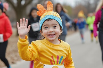 A child running in the Turkey Trot, wearing a turkey costume and waving to the crowd